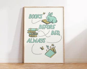 Libros para antes de dormir, decoración para rincones de lectura, arte mural con libros, póster literario, regalo para amantes de los libros, decoración para rincones de lectura, lámina de libros