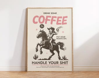 Impresión de café, carrito de café, arte de pared de oficina, decoración de pared occidental, impresión estética de vaquero, póster del suroeste, decoración de apartamento retro