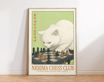 May include: A framed poster featuring a white cat intently observing a chessboard. The poster has Japanese text and the words "NERIMA CHESS CLUB" in orange. The background is a light green color.