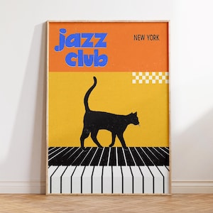 Sztuka ścienna New York Jazz Cat, sztuka ścienna New Yorker, plakat z muzyką retro, wystrój apartamentu, modny plakat z kotem, wystrój maksymalistyczny, ekscentryczny nadruk z kotem