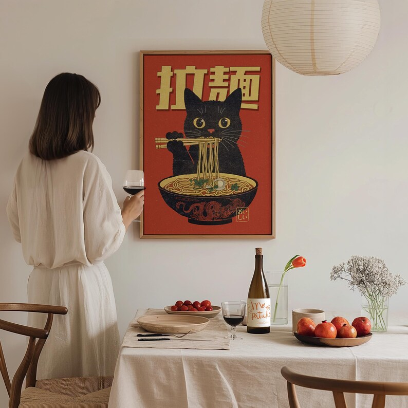 Cat Eating Ramen Wall Art, Retro Japanese Wall Art, Cool Kitchen Wall Art, Trendy Apartment Decor, Maximalist Decor, Quirky Cat Prints image 5