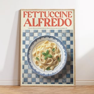 Pasta Wall Art, Food Art, Retro Kitchen Wall Art, Fettuccine Alfredo Print, Preppy Apartment Decor, Pastel Home Decor, Italian Decor Gift