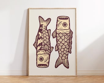 Retro Japanese Wall Art, Quirky Fish Wall Art, Japanese Exhibition Poster, Cool Minimalist Decor, Animal Art, Japandi Apartment Decor