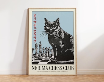 May include: A framed poster featuring a black cat and a chessboard. The cat is depicted in a sitting position, with the text "NERIMA CHESS CLUB" at the bottom. Japanese text is on the left side of the poster. The background is light blue.