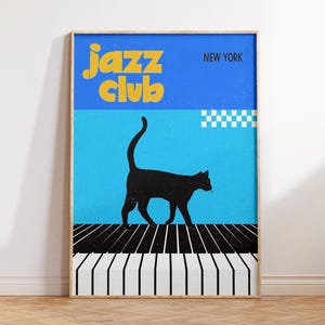 Sztuka ścienna New York Jazz Cat, sztuka ścienna New Yorker, plakat z muzyką retro, wystrój apartamentu, modny plakat z kotem, wystrój maksymalistyczny, ekscentryczny nadruk z kotem