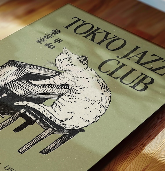 Jazz Cat Wall Art, Vintage Japanese Wall Art, Retro Music Poster