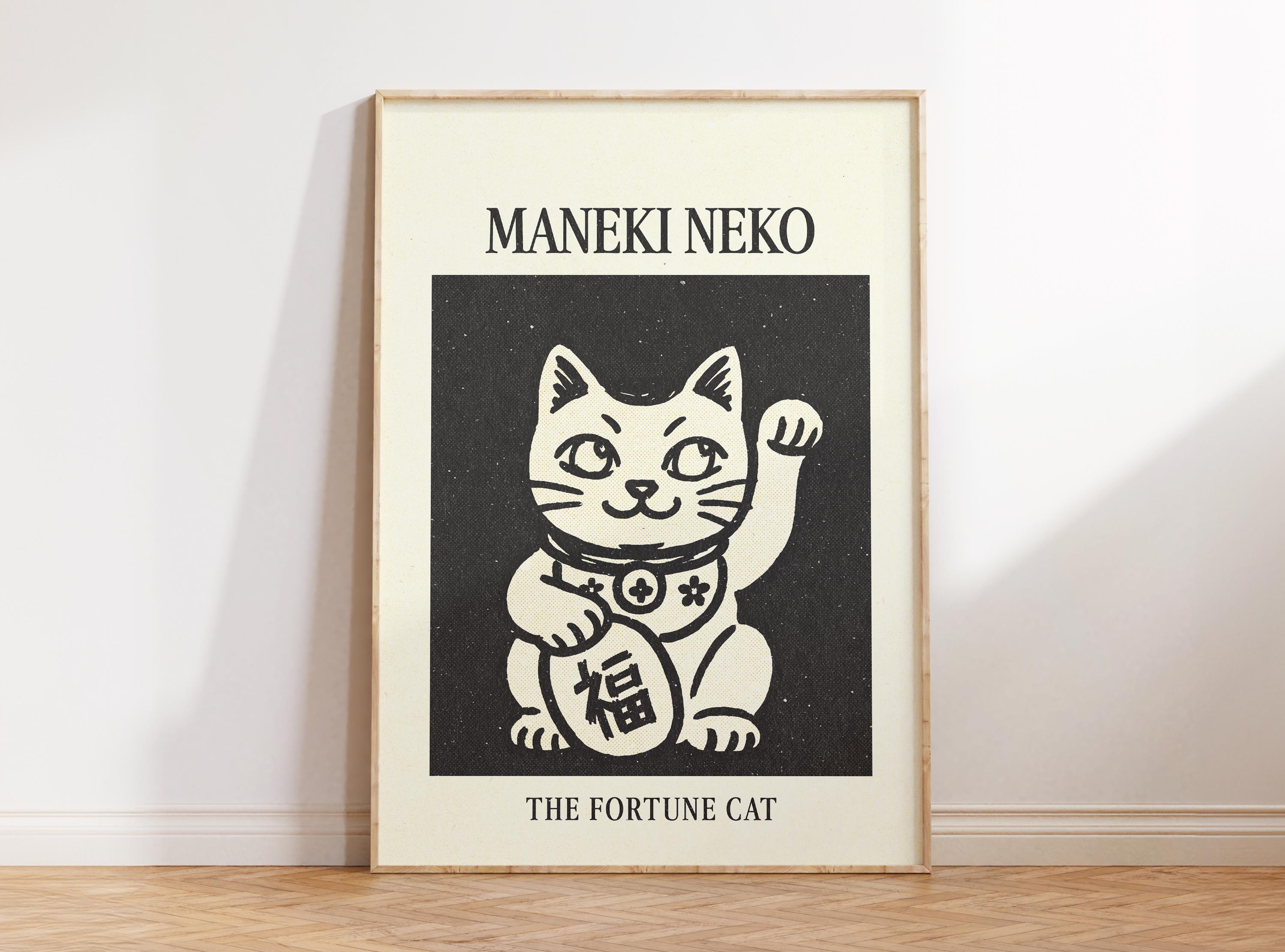 Maneki Neko Print, Fortune Cat Poster, Lucky Cat Art, Retro