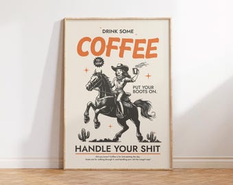 Impresión de café, carrito de café, arte de pared de oficina, decoración de pared occidental, impresión estética de vaquero, póster del suroeste, decoración de apartamento retro
