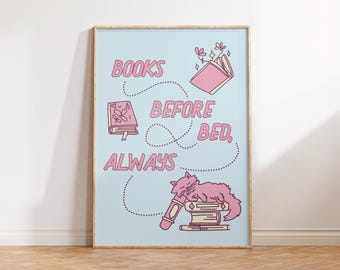 Libros para antes de dormir, decoración para rincones de lectura, arte mural con libros, póster literario, regalo para amantes de los libros, decoración para rincones de lectura, lámina de libros