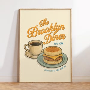 Retro Brooklyn Dinner Print, Breakfast Retro Kitchen Wall Art, Vintage Food Art, Colorful Apartment Decor, Dopamine Decor, American Food Art