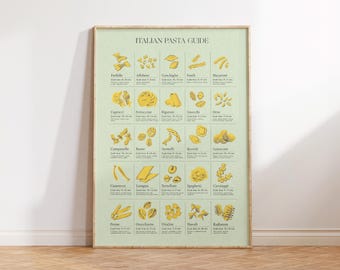May include: A framed Italian Pasta Guide poster. The poster features illustrations of various pasta shapes, including Farfalle, Spaghetti, and Ravioli, with their names and cooking times. The poster is in a wooden frame and is displayed against a light green background.