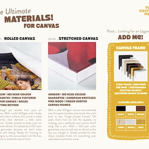 May include: Informative graphic showcasing canvas materials and framing options. Features rolled and stretched canvas details, including 400gsm, 100-year color guarantee, and Gicl&eacute;e printing. Also highlights canvas frame options in six colors, with a float frame design.
