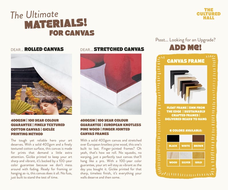 May include: Informative graphic showcasing canvas materials and framing options. Features rolled and stretched canvas details, including 400gsm, 100-year color guarantee, and Gicl&eacute;e printing. Also highlights canvas frame options in six colors, with a float frame design.
