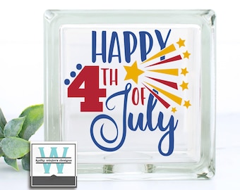 Vinyl Lettering Glass Block Decal Happy 4th of July