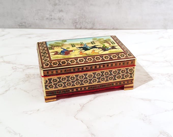 Vintage Persian Khatam Trinket Box - Micro Mosaic Wooden Inlay, Hand-Painted Scene