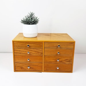 Vintage Honey Oak 8-Drawer Jewelry Chest, Wooden Desktop Organizer- Divided Storage and Silver Knobs