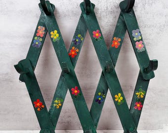 Perchero de acordeón grande de estilo vintage, organizador de pared de madera con ganchos florales, 10 ganchos.