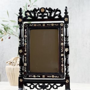 Antique Campaign Vanity Mirror – Mother of Pearl Inlay Wooden Dressing Tabletop Mirror