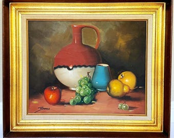 Bodegón al óleo vintage firmado – Frutas y cerámica, con marco dorado