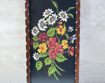Arte floral vintage bordado a mano, arte mural grande enmarcado, obra textil con marco de madera