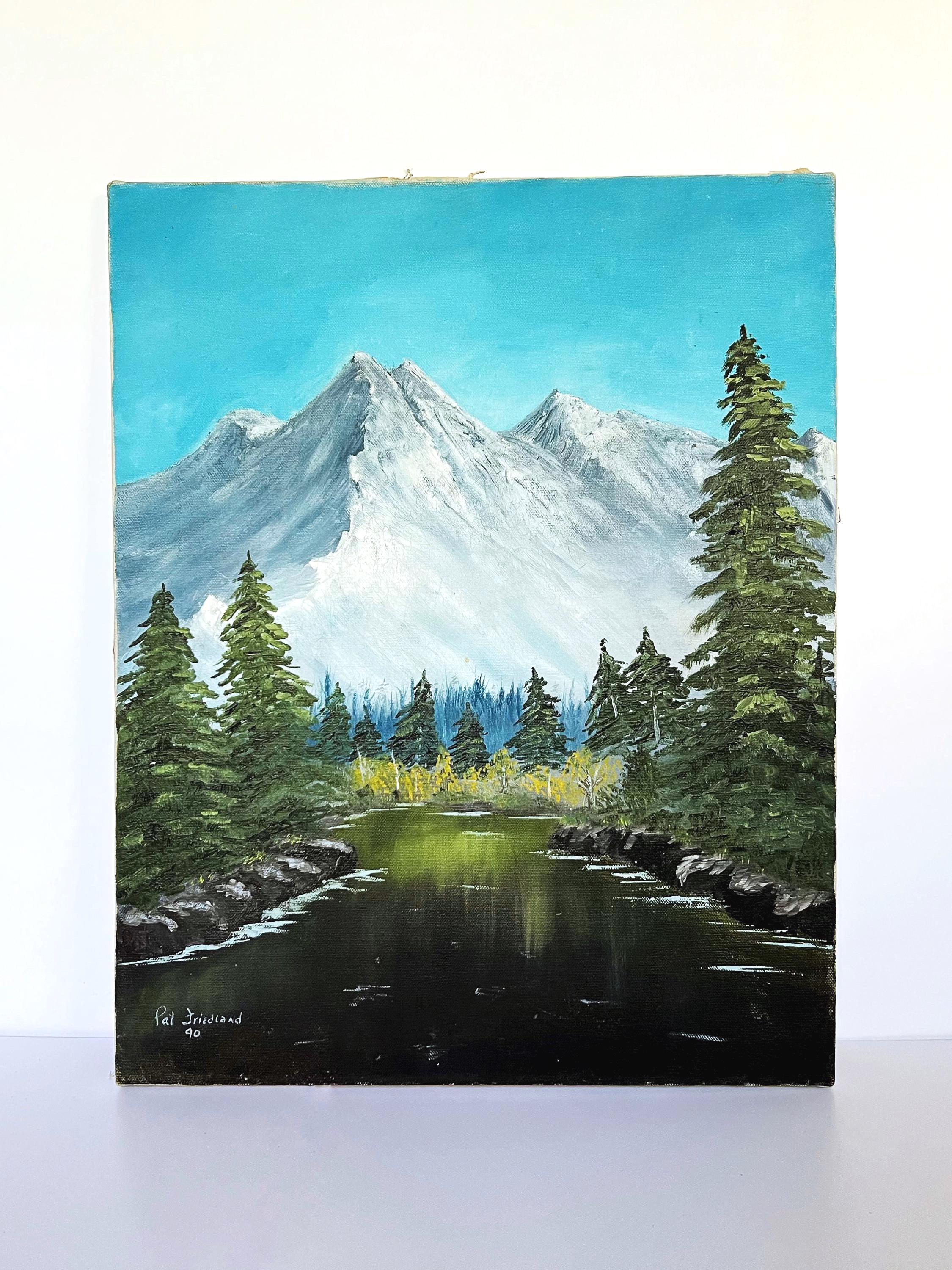 Vintage 1990 Signed Mountain Landscape Painting – Original Lake