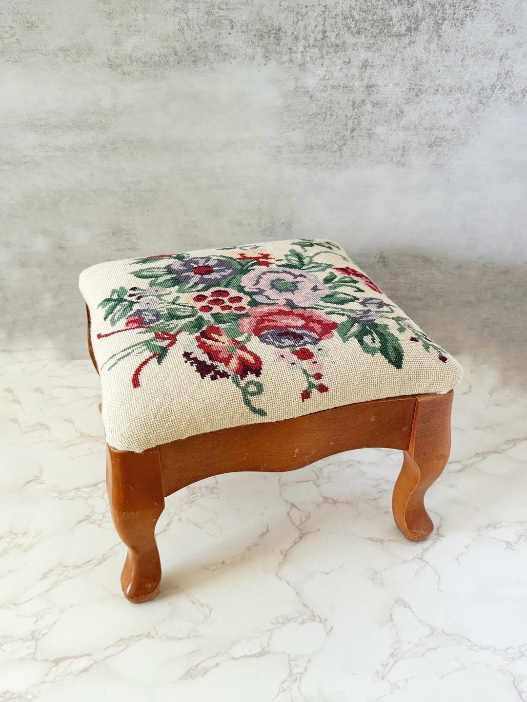 Vintage Needlepoint Footstool: Floral Embroidered Wood Stool - Etsy
