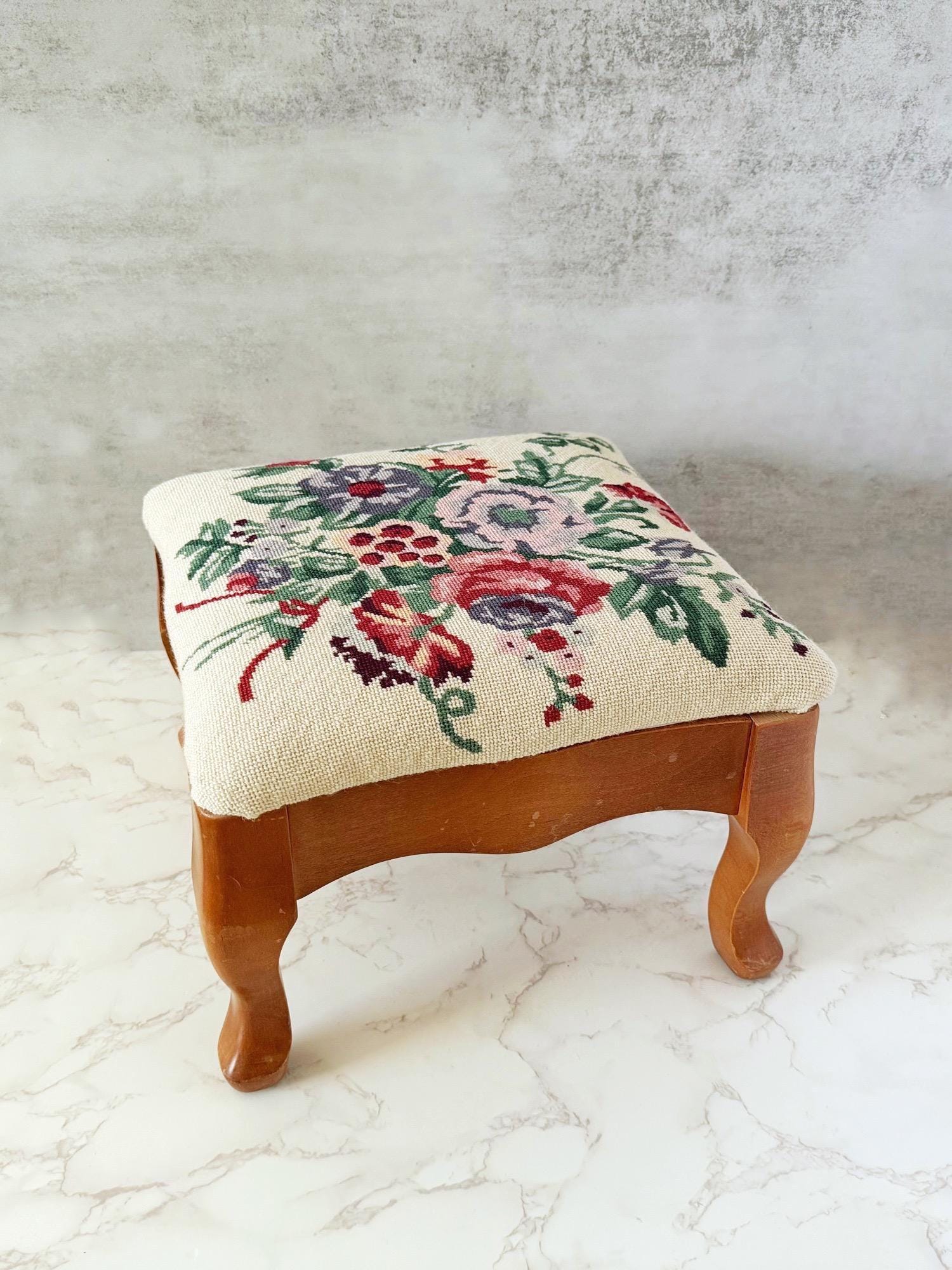 Vintage Needlepoint Footstool: Floral Embroidered Wood Stool - Etsy