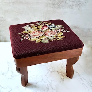 Vintage Wooden Needlepoint Footstool – Floral Embroidered Top, Small Upholstered Wood Stool, Curved Legs, Burgundy Fabric