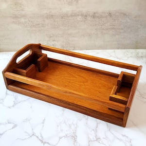 Vintage Teak Wood Tray - Mid Century Modern Organizer, Danish Style Catchall with Handles, Retro Home Decor or Coffee Table Display