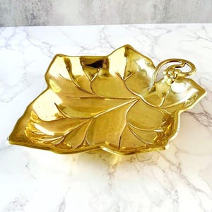Vintage Brass Leaf Dish - Large Leaf Trinket Tray with Grape Handle, Hollywood Regency Catchall, Decorative Brass Vanity or Entryway Tray