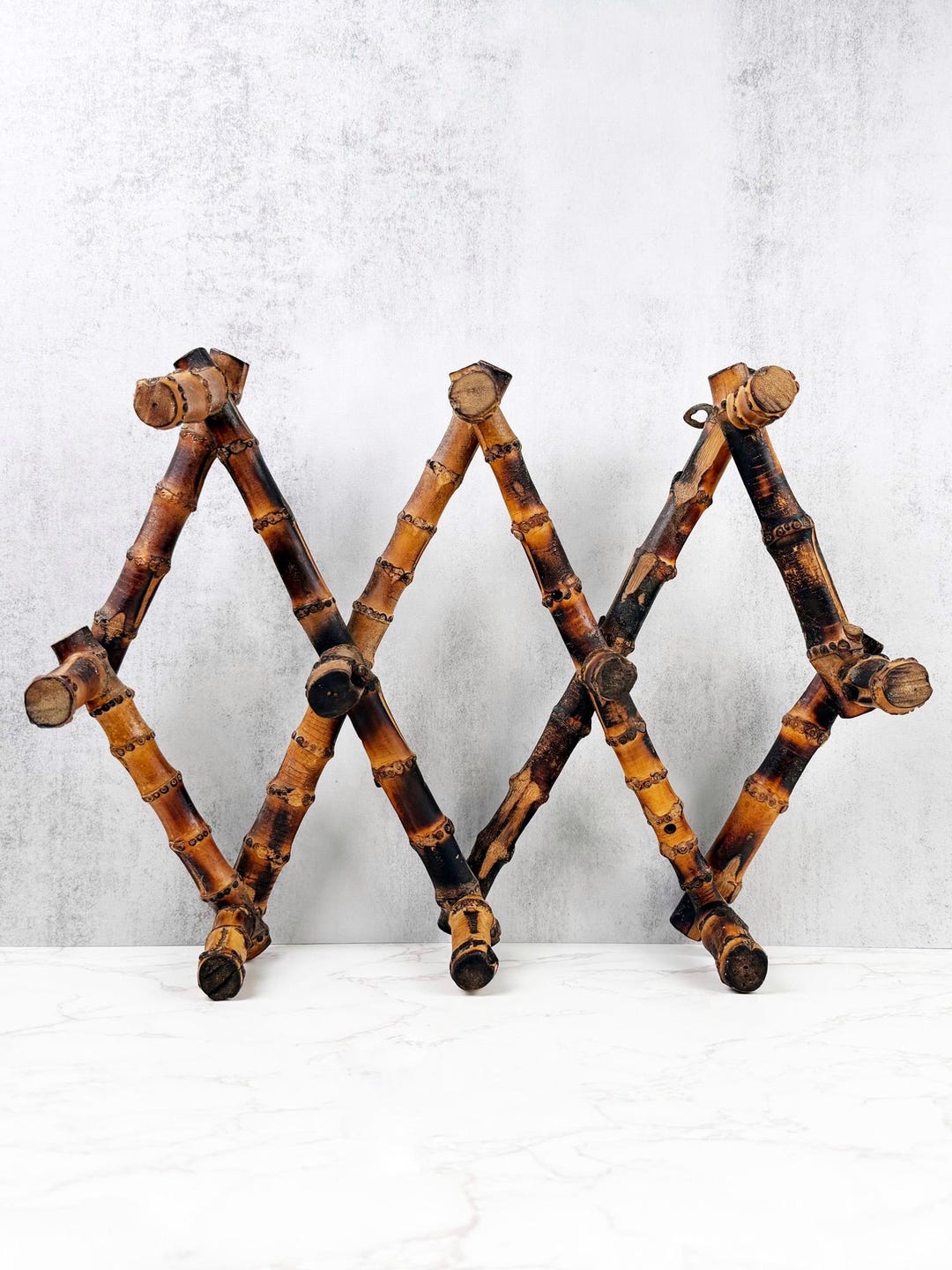 Vintage Burnt Bamboo Accordion Wall Rack - Expandable 10 Peg Coat Hook ...