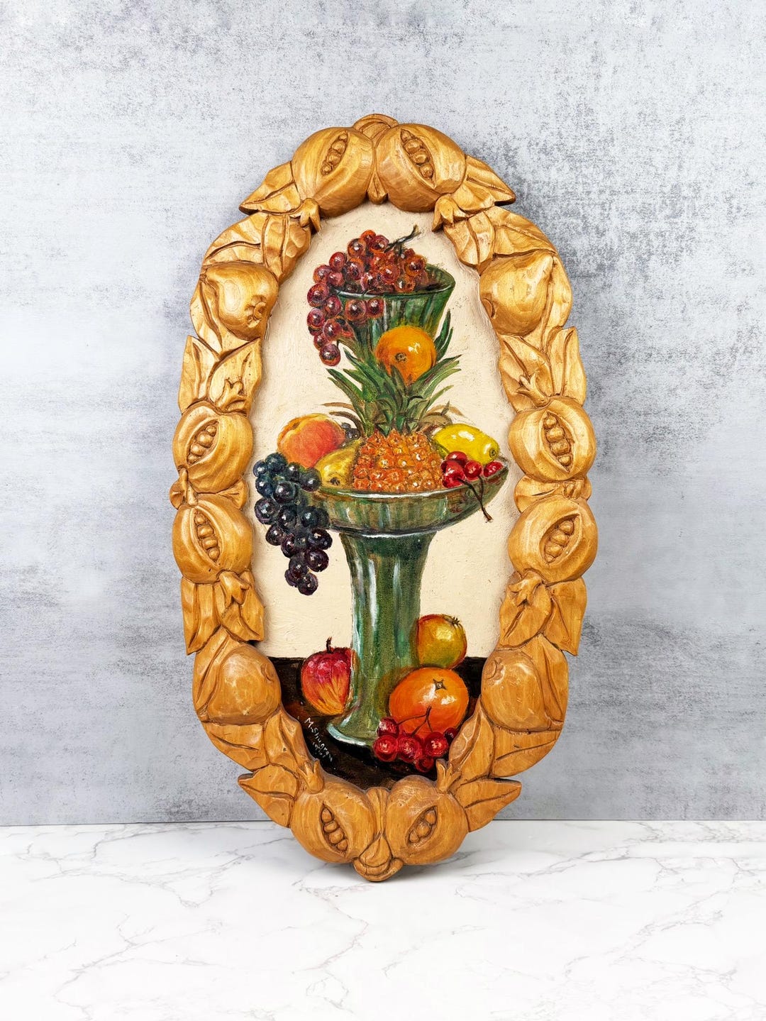 Vintage Hand Painted Fruit Still Life Wall Plaque With Carved Wooden ...