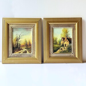 Vintage Framed Oil Paintings Set: Rustic Cottage & Forest Scenes, Ornate Gold Frames