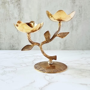 Vintage Brass Double Flower Candle Holder - Tree Branch Taper Candelabra with Leaf Detail, Mid Century Decor