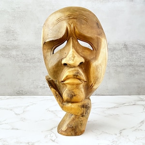 Vintage Hand-Carved Wooden Thinking Mask Sculpture – Solid Wood Face Statue, Artisan Home Decor, Contemplative Tribal-Inspired Art