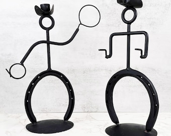 St Croix Forge Horse Show Art kandelaars set van 2, cowboy western figurale kandelaars