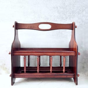 Vintage Mid-Century Mahogany Magazine Rack – Wooden Book Holder, Organizer & Storage with Spindle Sides and Carry Handle