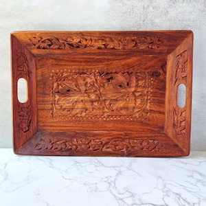 Vintage Hand-Carved Rosewood Tray – Decorative Wooden Serving Tray with Handles, Floral Leaf Motif, Boho Rustic Home Decor