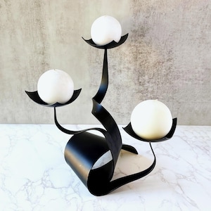 Brutalist Metal Flower Candelabra: Mid-Century Modern Iron Sculpture
