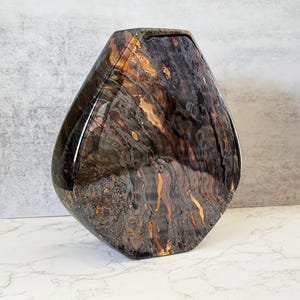 Vintage Haeger 115 Ceramic Vase, Black Amber Marbled Glaze, Large Sculptural Postmodern Pottery