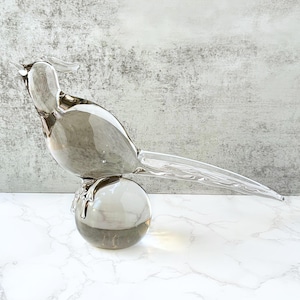 Vintage Blown Murano Style Art Glass Bird – Large Clear Glass Pheasant Figurine, Mid-Century Modern Sculpture, Elegant MCM Decor