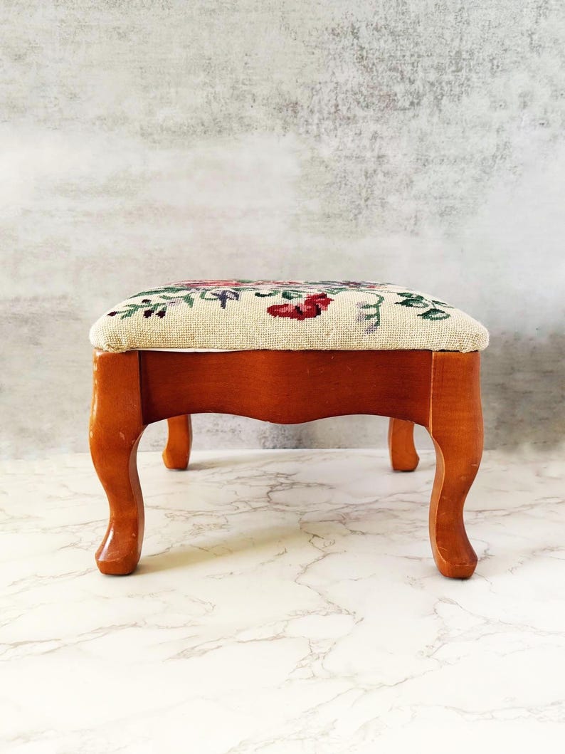 Vintage Needlepoint Footstool: Floral Embroidered Wood Stool - Etsy
