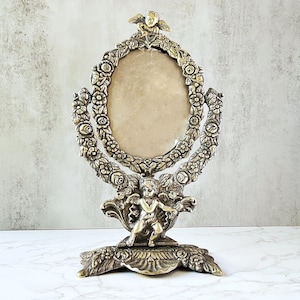 Antique Brass Angel Picture Frame – Ornate Art Nouveau Oval Frame with Floral Detail, Romantic Vanity Decor, 11” Tall