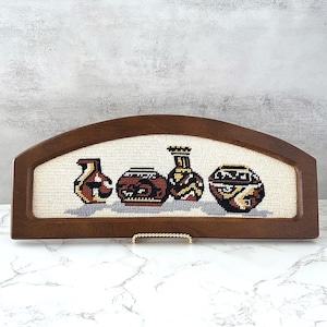 Vintage Framed Needlepoint Wall Art – Hand-Stitched Southwest Pottery Decor, Rustic Western Wall Hanging, Boho Cabin Art