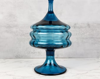 Vintage Empoli blauwglazen apothekerspot met deksel, Italiaanse kunst glazen snoepschaaltje