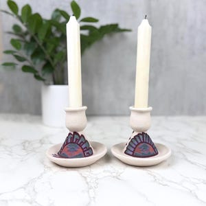 Handmade Southwestern Sand Art Candle Holders, White Pottery Taper Stands, Geometric Desert Motif Pair