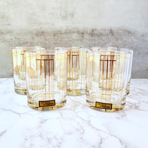 Vintage Culver 22k Gold Highball Glasses – Set of 8 Mid-Century Cocktail Tumblers, Old Fashioned Barware with Gilt Stripe Design