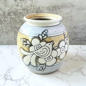 Vintage Petteford Pottery Vase: Hand-Painted Bird & Floral Folk Art