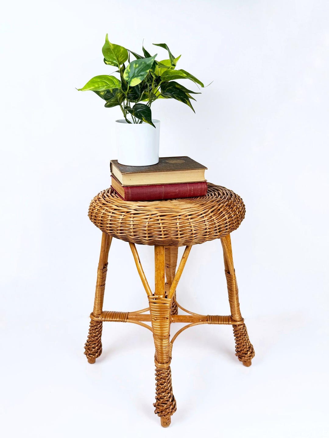 Vintage Mid Century Rattan Stool Plant Stand, Natural Wicker Boho Side ...