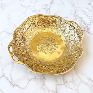Vintage Heavy Solid Brass Art Deco Tray – Ornate Decorative Bowl with Handles, Embossed Floral Design